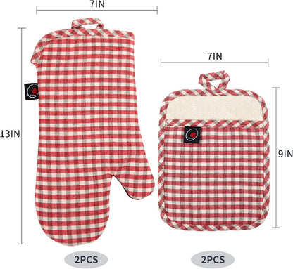 Oven Mitts and PotHolders Sets, 4 Pcs Kitchen Oven Glove High Heat Resistant 400°F Pot Holders for Kitchen, Non-Slip Neoprene Oven Mitts are Suitable for Cooking, Baking (Red Grid)
