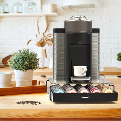 DecoBrothers Crystal Tempered Glass Vertuo Pod Holder Drawer, 30 Large or 60 Small Nespresso Capsule Organizer, Black