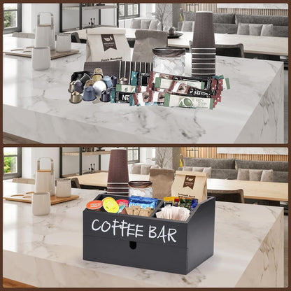 Coffee Station Organizer, Wood Coffee Bar Accessory with Drawer, K Cup Condiment Organizer & Pod Holder (30x20x16cm) - Black