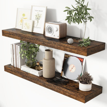 Heimlove 36 Inch Floating Shelves for Wall 8 Inch Deep Rustic Brown Shelves Set of 2,Wall Mounted Rustic Wood Long Floating Shelf with Invisible Brackets for Bedroom Kitchen Living Room