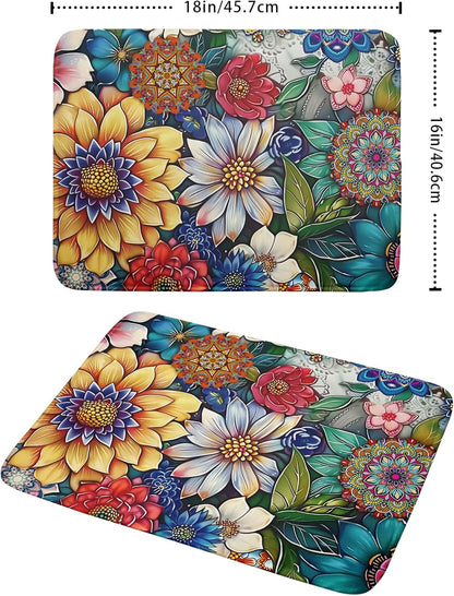 Boho Floral Dish Drying Mat for Kitchen Counter 16x18 Inch Boho Blooming Flower Dishes Pad Super Absorbent Drying Mat Heat Resistant Dish Drying Pad Anti-Slip Dish Mat Fast Dry Kitchen Bar Accessories