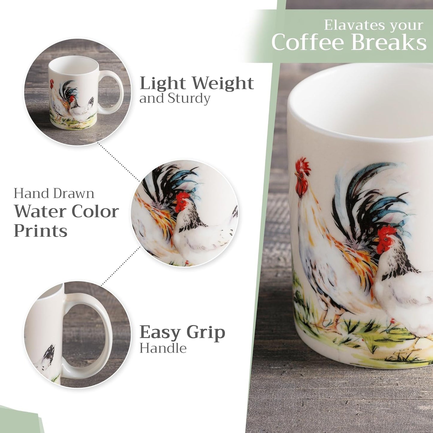 Maison d' Hermine Coffee Mug with Handles Fine Bone China Mugs Pack of Two Tea Cups for Hot Beverages Cappuccino Latte Home Restaurant Office Perfect for Gift (Campagne, 15 Ounce)