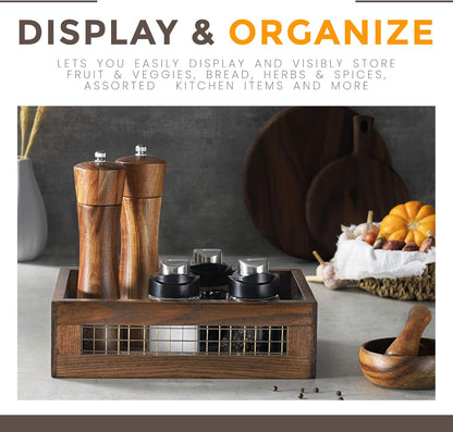 Wooden Countertop Baskets Set of 2 for Kitchen, Bathroom, Pantry|Wall Mount Upgrade with Full Accessories| Rustic Nesting Boxes|Wooden Organizer Crates for Fruit, Vegetables, Produce, Bread