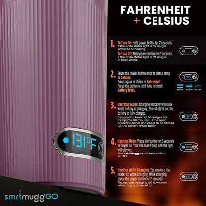 GO Heated Coffee Mug, Travel Mug, 13.5 OZ. Smart Mug, Battery Powered Heated Coffee Mug, Great for Coffee and Tea, Snap on Magnetic Charging Cord, New and Improved (Lilac)