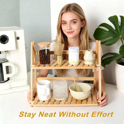 Coffee Station Organizer, Matcha Station, Foldable Bamboo Mug Holder for Countertop, Tea & Coffee Bar Accessories, 2 Tier Shelf for Kitchen Counter Organizer, Matcha Stand, Spice Rack