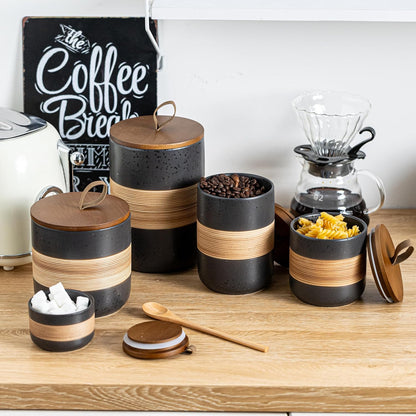 Small Ceramic Jar with Lid, Coffee Container Kitchen Food Storage Jars for Spice Sugar Tea Bag Matcha Container Airtight, Stacairtightkable Decorative Jars for Countertop, Black & 5 fl.oz
