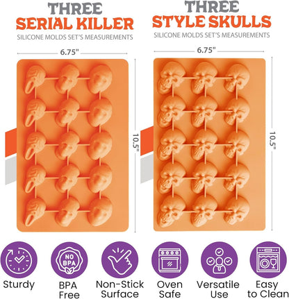 ShapedIceMolds Horror Movie Character Molds – Halloween Silicone Molds for Chocolate, Candy, Resin, Crafts – 3D Scary Film Icons for Party Treats & DIY Decor (Orange)