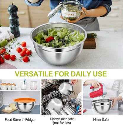 TeamFar Mixing Bowls, Stainless Steel Nesting Salad Bowls with Airtight Lids Set, For Serving/Mixing/Storing, Healthy & Long-lasting, Dishwasher Safe & Easy Clean, 4.6/3 / 1.5 QT, Colorful