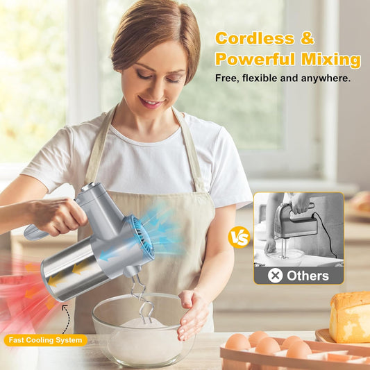 Cordless Hand Mixer, Electric Mixer Handheld Digital Display 7 Speed Rechargeable with 6 Stainless Steel Attachments Whisks Beaters Dough Hooks & Storage Base, Blender for Baking, Eggs, Silver