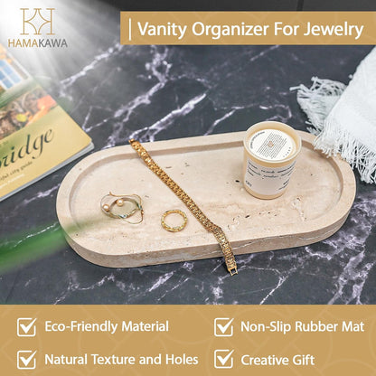 Bathroom Vanity Tray, Natural Marble Oval Sink Tray 10 Inch, Beige Travertine Vanity Tray for Soap Dispenser Modern Countertop Organizer for Kitchen Countertops, Home Decor