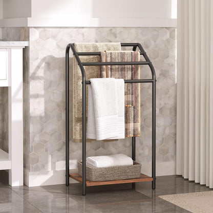 HOOBRO Freestanding Towel Rack, 4 Tier Blanket Rack Stand, 16.3"L x 11.2"W x 31.3"H, Blanket Ladder Holder, Quilt Rack, Drying and Display Rack, Living Room, Bathroom, Rustic Brown and Black BF64LB01
