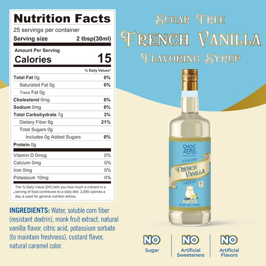 ChocZero French Vanilla Coffee Syrup – Sugar Free Coffee Flavoring, Keto Friendly, Low Carb, No Sugar Alcohols – Vegan, Gluten Free, Non-GMO – 25.4 Fluid Ounces