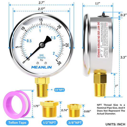 MEANLIN MEASURE 0~30Psi Stainless Steel 1/4" NPT 2.5" FACE DIAL Liquid Filled Pressure Gauge WOG Water Oil Air Lower Mount, with 1/4" x 1/2" NPT and 1/4" x 3/8" NPT Hex Bushing