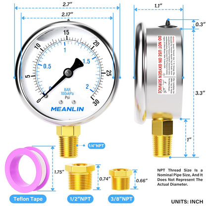 MEANLIN MEASURE 0~30Psi Stainless Steel 1/4" NPT 2.5" FACE DIAL,Liquid Filled Pressure Gauge,WOG Water Oil Air Lower Mount (Pack of 2), with 1/4" x 1/2" NPT and 1/4" x 3/8" NPT Hex Bushing