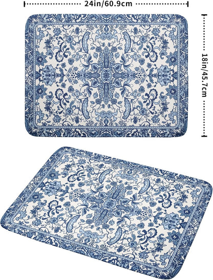 Chinoiserie Floral Dish Drying Mat for Kitchen Counter Blue and White Flowers Pattern Dish Drying Pad 18”x24”Absorbent Reversible Seasonal Decor Dishes Drainer Pad Dish Dry Rack Mat for Counter top