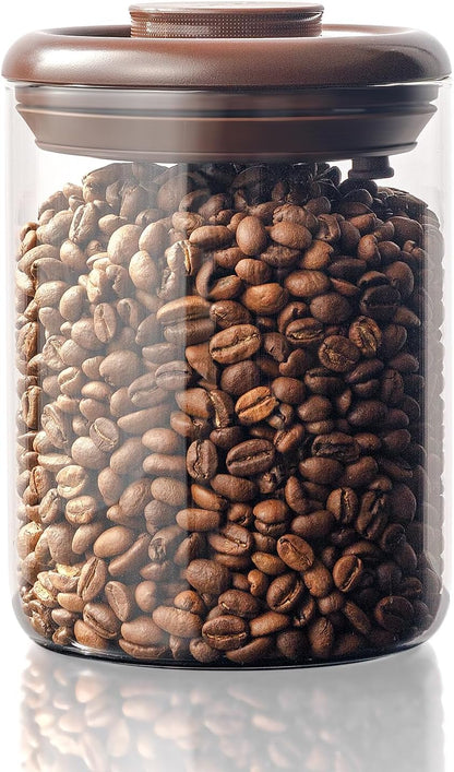 Glass Coffee Bean Jar 900 ml – Pop Top Air Tight Coffee Bean Container with CO2 Valve, 11 Oz Coffee Storage Airtight Canister, Brown