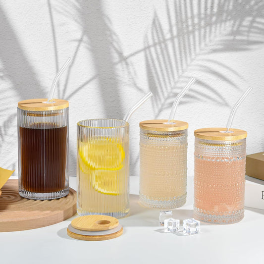 14 oz Drinking Glasses Set of 4 with Bamboo Lids Straws Striped Ribbed Glassware Set Vintage Glass Cups Embossed Iced Coffee Cup for Beer Cocktail Beverage(Ribbed)