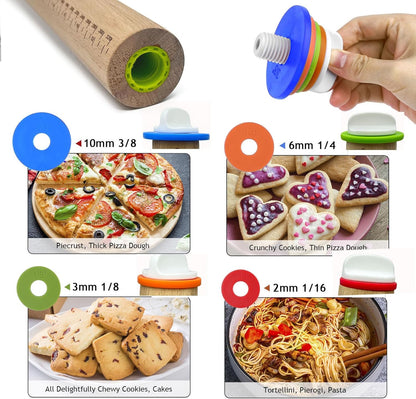 Adjustable Rolling Pin 4 Set and Silicone Baking Pastry Mat Setpastry,Siliconebrush and spatul,AdjustableThickness Rings,Wooden Dough Roller Rolling Pins for Baking Dough, Pizza, Pie