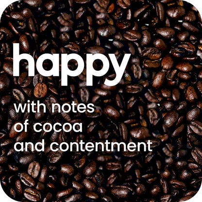happy coffee dark roast coffee pods, 60 count, notes of cocoa & contentment, compatible with most K-cup brewers, rainforest alliance certified