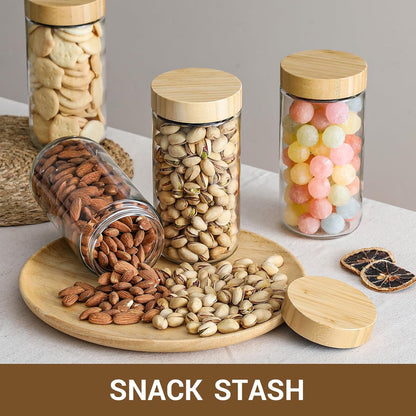 NETANY 4-pack 24oz Glass jars with Airtight Lids, Overnight Oats Containers with Bamboo Lids, Wide mouth Mason Salad jars, Glass Food Storage Containers for Snacks Yogurt Spice Sugar