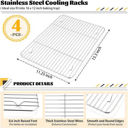 P&P CHEF Baking Cooling Rack Set for Cooking Roasting, 4-Piece Stainless Steel Wire Racks for Oven Use, Healthy & Dishwasher Safe, Rectangle, 15.3 Inch