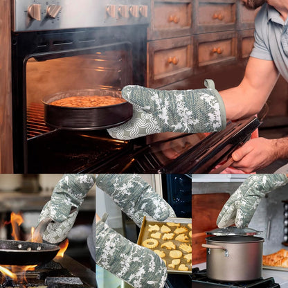 Thumb Oven Mitts, Heat and Slip Resistant Silicone Kitchen Mittens 2-Pack Set, Aqua Birds Soft Long Oven Gloves, Flexible Thick Potholders for Safe Baking Cooking and Grilling (Aqua)