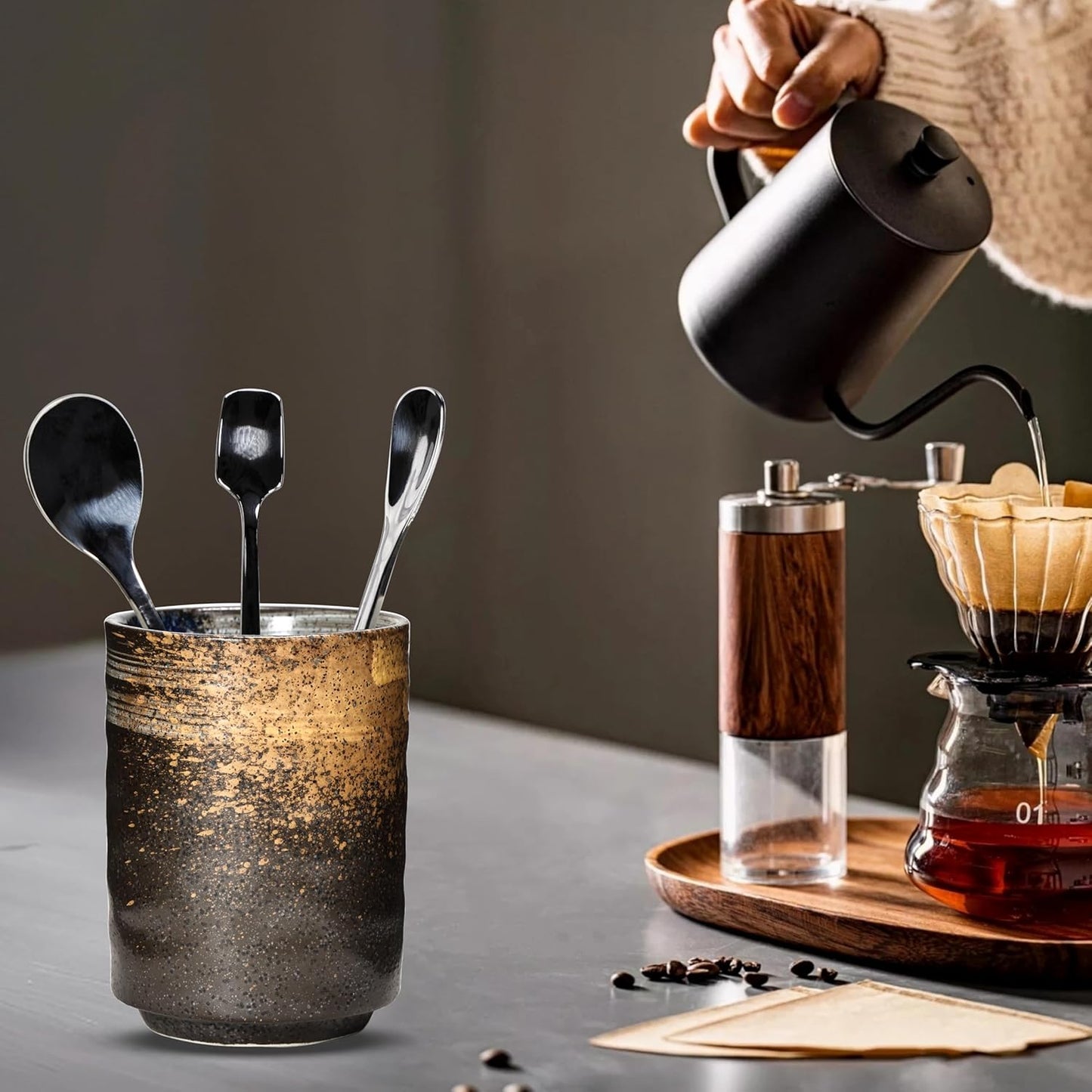 Ceramic Spoon Holder for Coffee Bar, Upright Tea Spoon Holder Cup, Coffee Stirrers Straws Stir Stick Holder, Red Strips