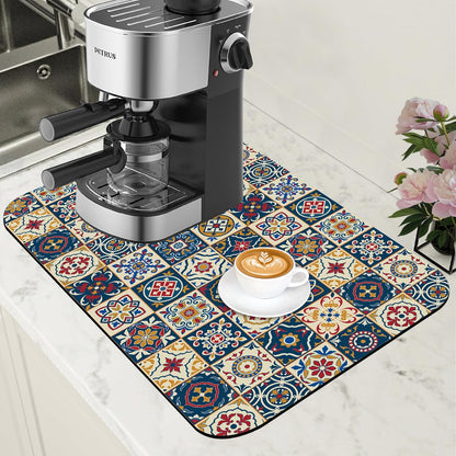 Dish Drying Mat Moroccan Tile Coffee Bar Mat for Countertop Absorbent Rubber Backed Hide Stain Dish Drainer Rack Pad Coffee Maker Espresso Machine Dining Room Decoration 11.8 x 19.7 Inch