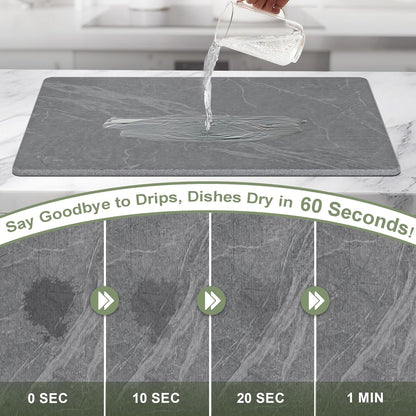 Large Stone Drying Mat for Kitchen Counter, 24" × 16" Diatomite Dish Drying Mat, Quick Dry Stone Mats, Ultra Absorbent Natural Diatomaceous Earth Mats for Dished, Bottles, Black Marble