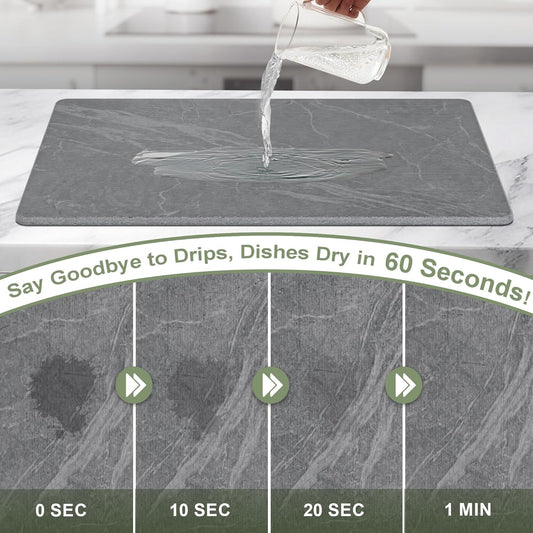 Large Stone Drying Mat for Kitchen Counter, 24" × 16" Diatomite Dish Drying Mat, Quick Dry Stone Mats, Ultra Absorbent Natural Diatomaceous Earth Mats for Dished, Bottles, Black Marble