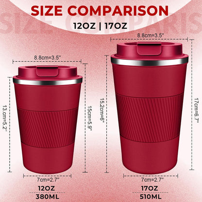Insulated Coffee Tumbler 12 oz, Stainless Steel Coffee Mug with Lids, Travel Coffee Mug Leak Proof, Double Wall Vacuum Insulated Reusable Iced Coffee Cup, Keep Drinks Hot and Cold (Red, 17 Ounces)