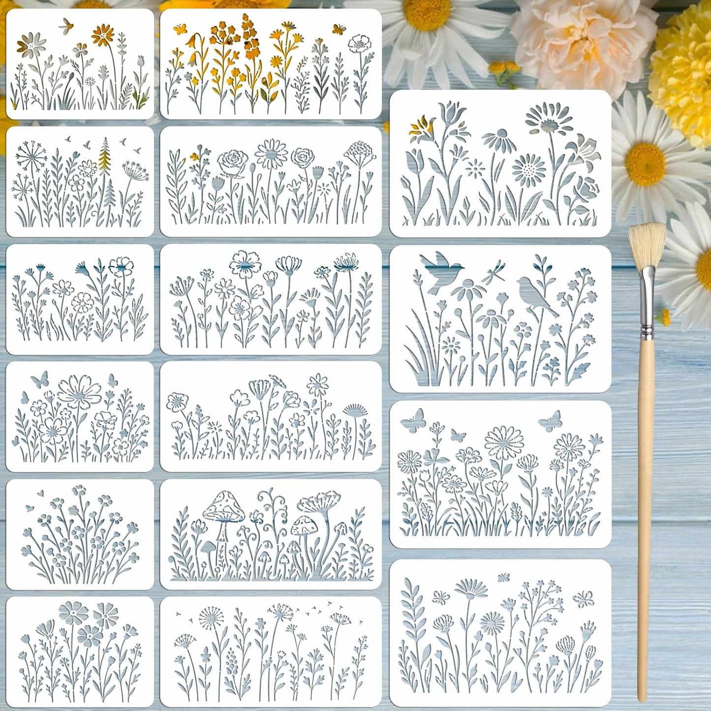 16PCS Large Flower Stencils for Painting Wildflower Stencils with Brushes Floral Spray Paint Stencil Reusable Drawing Template for Walls Garden Fence Furniture Card