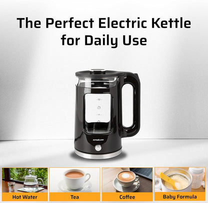 Epsilon 1.7L Glass Electric Kettle – Hot Water Tea Kettle with LED Light, Stainless Steel & Borosilicate Glass, Auto Shut-Off, BPA-Free Electric Teapot, 1500W Fast Boil, Cool Touch