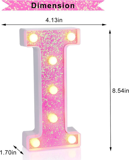 Foaky Pink Light up Letters，Pink Party Decorations,Girls Room Decor,Glitter Light Up Letters,Alphabet Letter Sign for Night Light Birthday Party Girls Gifts, Home Bar Decoration（I）
