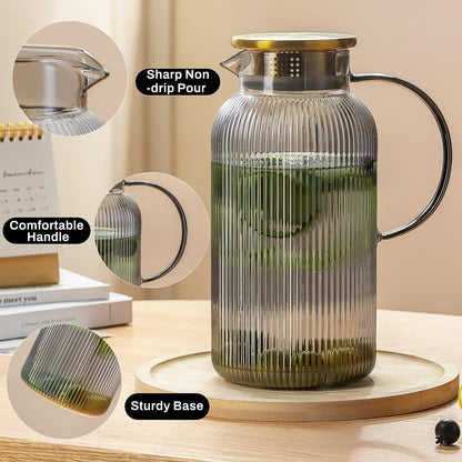 2 PACK Glass Pitcher with Lid, 68 oz/ 2 Liter Gray Classic Vertical Stripes Water Pitcher,Glass Water Carafe for Cold Brew, Coffee, Lemonade, Iced Tea,Beverage, Heat Resistant Water Glass Jug