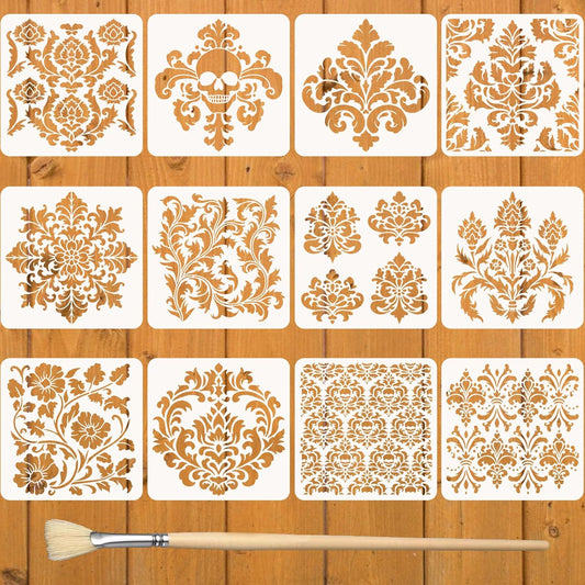 12PCS Large Mandala Stencils 12 x 12 Inch Damask Stencils for Walls Large Texture Drawing Templates with Brushes Mandala Templates for Painting on Wood Furniture Canvas Paper Fabric