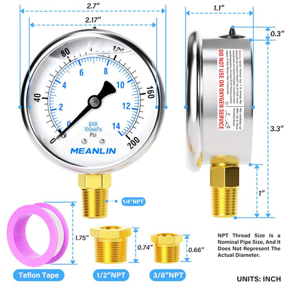 MEANLIN MEASURE 0~200Psi Stainless Steel 1/4" NPT 2.5" FACE DIAL Liquid Filled Pressure Gauge WOG Water Oil Air Lower Mount, with 1/2" NPT and 3/8" NPT Hex Bushing