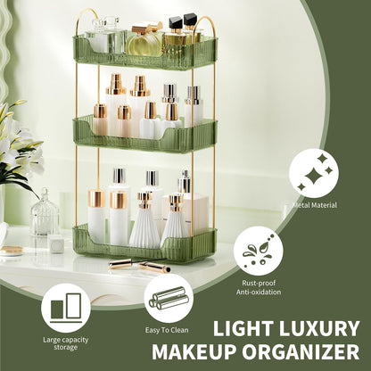 YCIA&DONE Bathroom Organizer Countertop, Makeup Storage, Skincare Cosmetic Tray Shelf, Perfume Holder Rack for Vanity Counter, Large Capacity, Easy to Install, Clean, 3 Tiers, Vintage Green