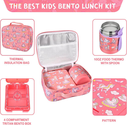 Bento Lunch Box Set With 10oz Soup Thermo, Leak-proof Lunch Containers with 4 Compartment, Kids Hot Thermo Food Jar/Insulation Lunch Bag, Food Containers for School