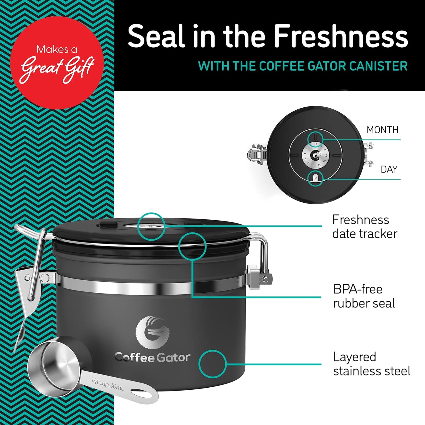 Coffee Gator Coffee Canister, 11oz Airtight Stainless Steel Kitchen Food Storage Container with Date Tracker, CO2-Release Valve and Scoop for Sugar, Beans, Tea, Sugar, Cereal, Cookies Jars - Black