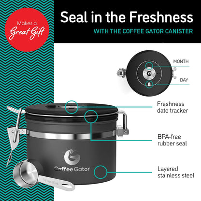 Coffee Gator Coffee Storage - 11oz Small Stainless Steel Tea and Sugar Containers - Stainless Steel Canisters with Date-Tracker, CO2 Valve for Freshness & Scoop - Silver