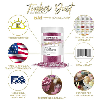 BAKELL Cranberry Edible Glitter, 25 Grams | TINKER DUST Edible Glitter | KOSHER Certified | 100% Edible Glitter | Cakes, Cupcakes, Cake Pops, Drinks, Dessert Vegan Glitter & Dusts (25g, Cranberry)
