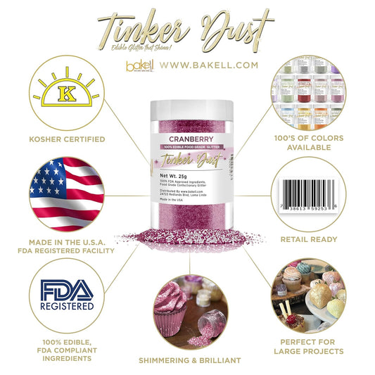 BAKELL Cranberry Edible Glitter, 25 Grams | TINKER DUST Edible Glitter | KOSHER Certified | 100% Edible Glitter | Cakes, Cupcakes, Cake Pops, Drinks, Dessert Vegan Glitter & Dusts (25g, Cranberry)