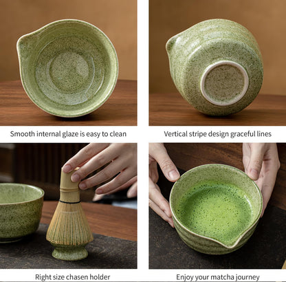 Matcha Set, Matcha Whisk Set Includes Matcha Bowl with Spout, Bamboo Whisk, Matcha Whisk Holder, Sifter, Scoop, Spoon Holder, Tea Towel- 7pcs Perfect Matcha Kit for Matcha Tea Ceremony (Jade Green)