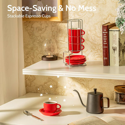 Sweese 2.5 Ounce Porcelain Stackable Espresso Cups with Saucers and Metal Stand Set of 4, Red