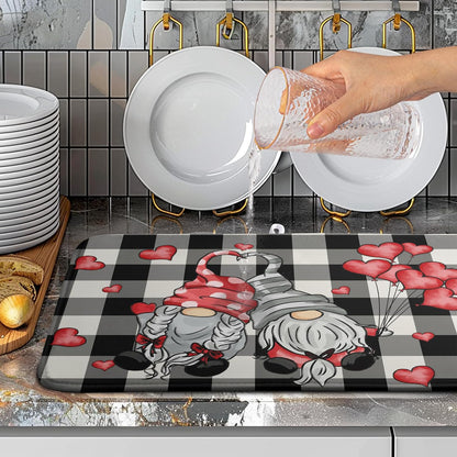 Valentine Gnome Hearts Dish Drying Mat Valentines Gnomes Dishes Dryer Mats for Kitchen Countertop 18x24 Inches Under Coffee Maker Drainer Matt Microfiber Large