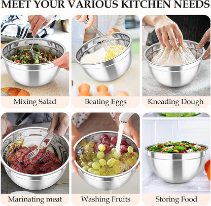 TeamFar Mixing Bowls, 6PCS Stainless Steel Nesting Mixing Salad Bowl with Lids & 3 Grater Attachments, for Food Cooking Baking Storing, Healthy, Khaki - 4.6/2.6/2 / 1.5/1 / 0.7 QT