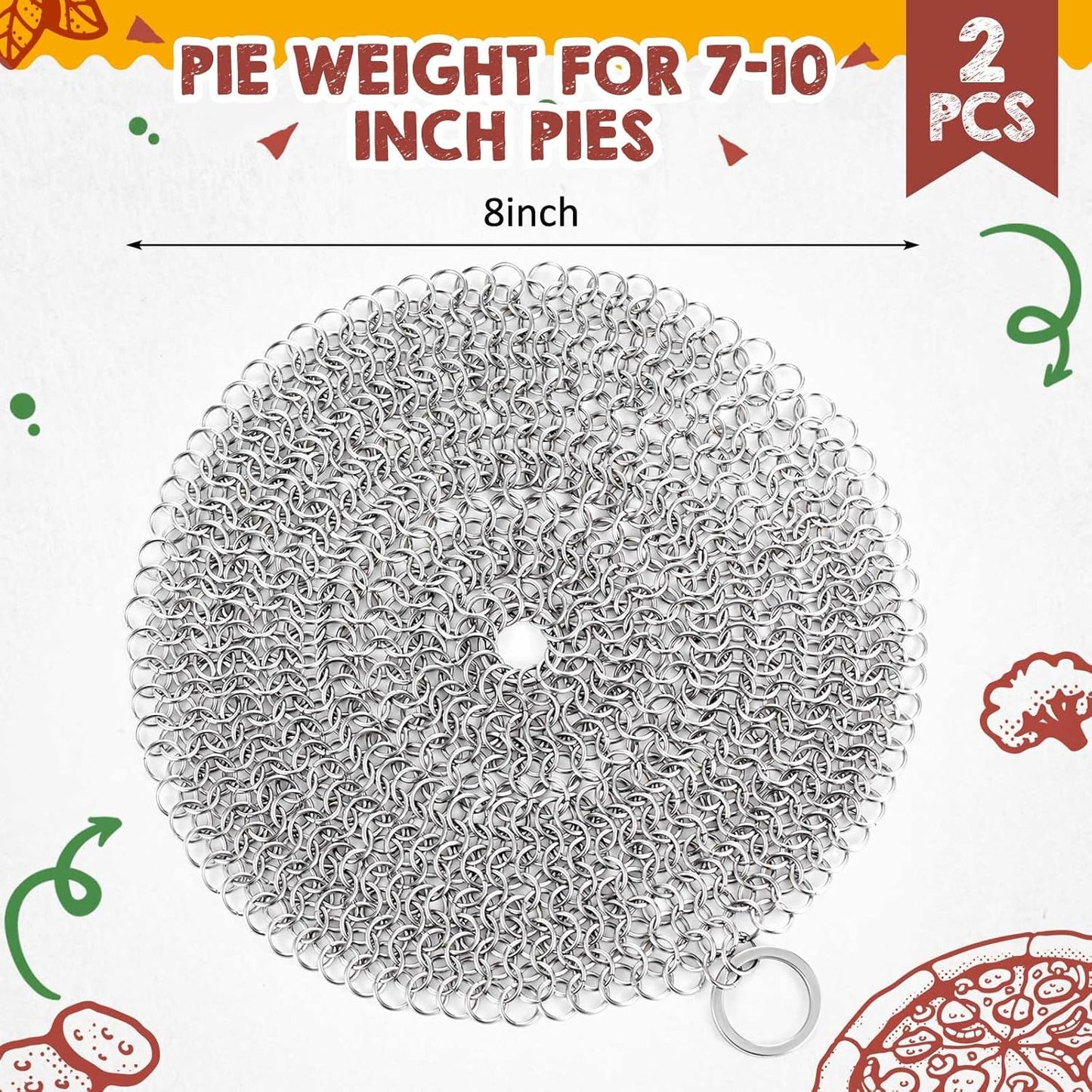 Patelai 2 Pcs Stainless Steel Pie Weights for Baking Universal Fit Pie Weight for 7-10 Inch Pies Round Metal Pies Weights Chain Dishwasher Safe Durable Blind Baking Dough Cooking Pastry (8 Inch)