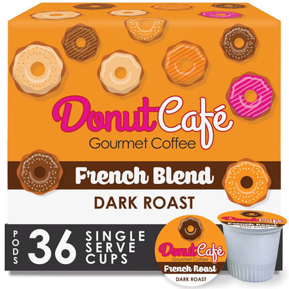 Donut Café – Gourmet Single Serve Coffee Pods for Keurig K-Cup Brewers, Dark Roast, 100% Arabica, Non-GMO & Gluten Free, French Roast Blend, 36 Count