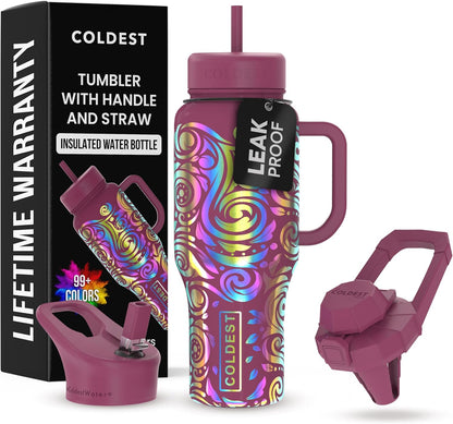 Coldest 40 oz Tumbler with Handle and Straw - 100% Leak Proof Insulated Tumbler with Lid and Straw (3 Lids) - Stainless Steel Tumblers for Women & Men - Cup Holder Friendly Base, 36 oz (Rose Spiral)